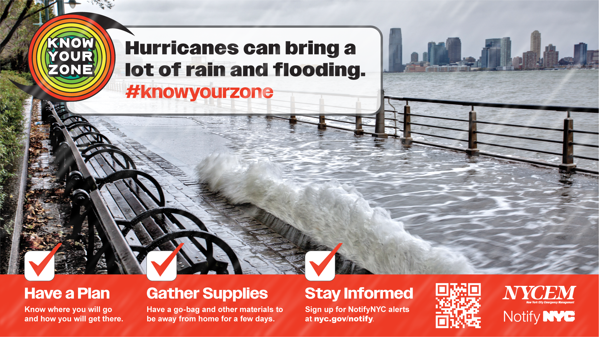 An image of the Battery Park City Esplanade being flooded by rising coastal waters. Underneath the image of rising floodwaters is a check list of tasks: have a plan, gather supplies, and stay informed.
